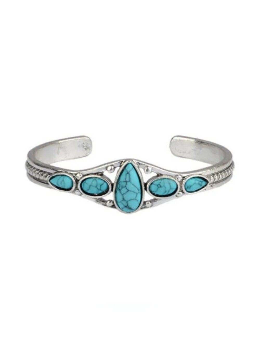 Turquoise Stone Silver-Tone Adjustable Cuff Bracelet - Women Jewelry